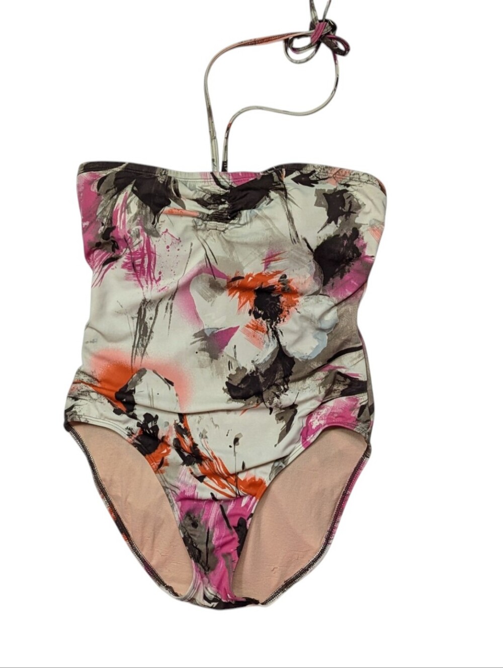90s Spiegel Floral Abstract Strap One-Piece Swimsuit in Pink, Orange and Black